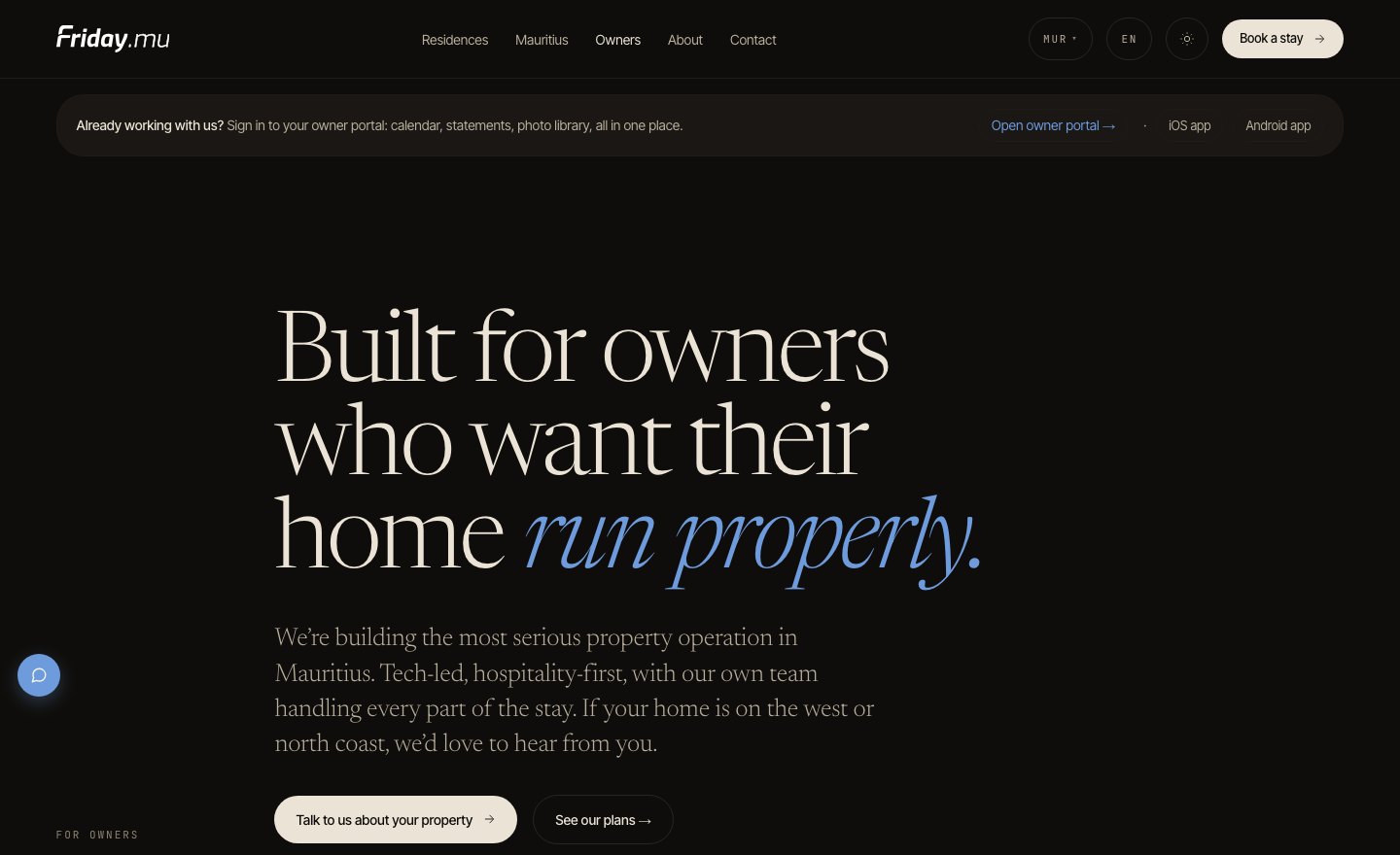 Friday owners page — the property-owner side of the platform