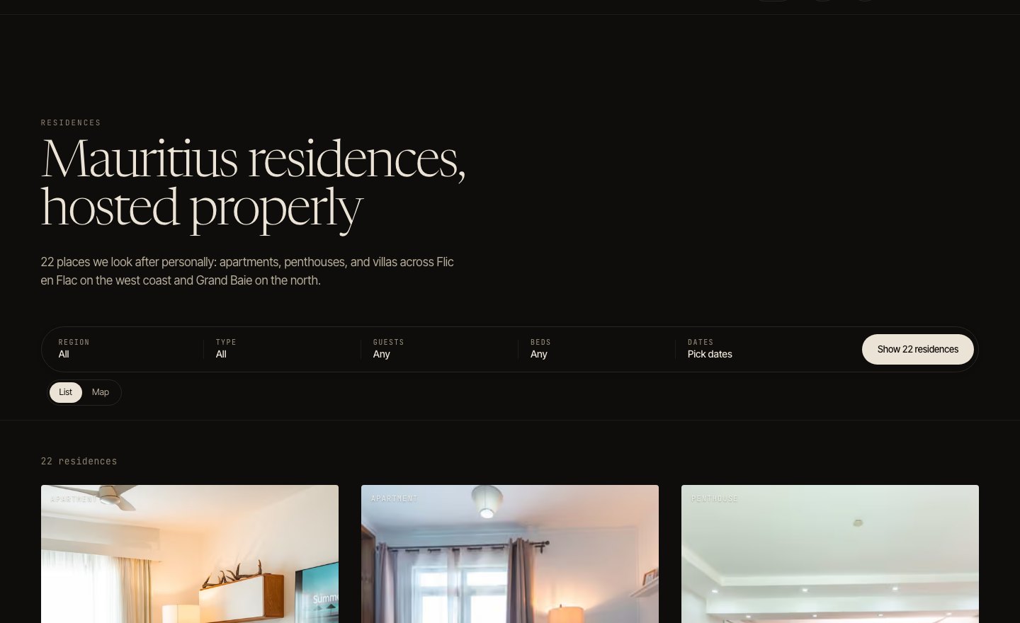 Friday residences listing with region, type, guests, beds and date filters