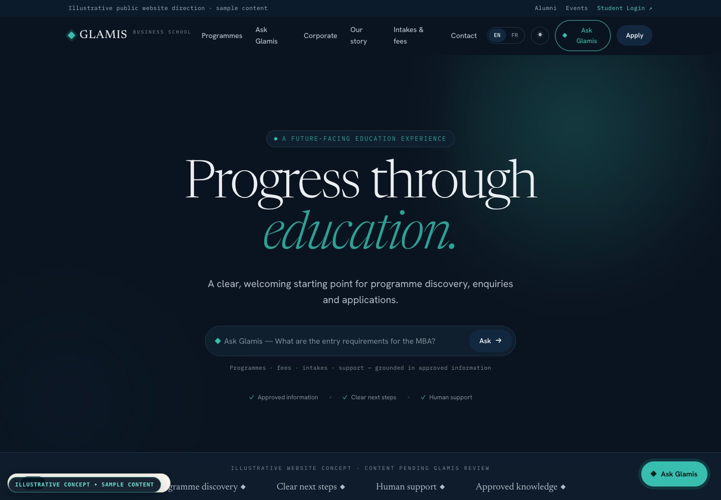 Glamis public website design state with Ask assistant